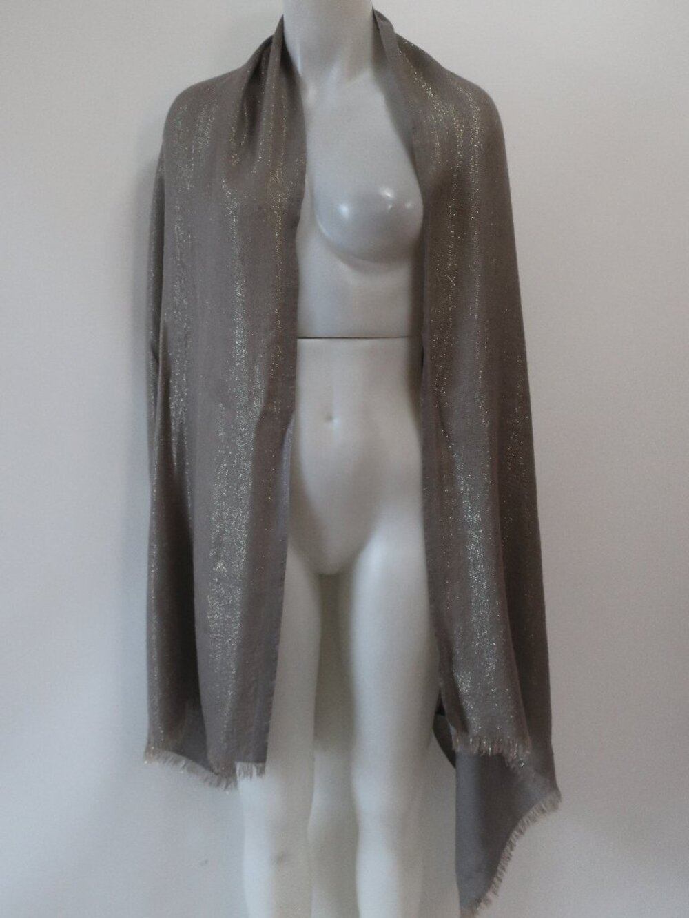 Women Giorgio Armani Taupe Gold Metallic Cashmere Silk Viscose Wool Fringe Scarf